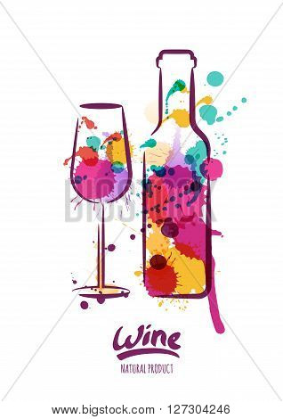 Vector watercolor illustration of colorful wine bottle and wine glass. Abstract watercolor background. Design concept for wine label wine list menu party poster alcohol drinks.