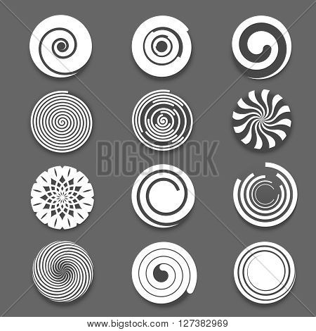 Motion spiral or swirl vector icons. Spinning white spiral and twist spiral signs, white spiral elements