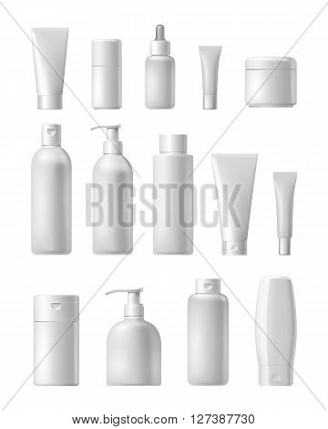 Realistic cosmetic bottle mock up set package. Cosmetic brand template. Vector cosmetic packaging. Shampoo pack. Blank cosmetic package. Cosmetics beauty products. Cosmetic isolated product. 3d cosmetic bottle. Plastic cosmetic bottle.