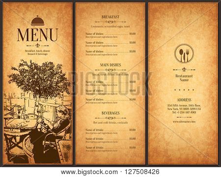 Restaurant menu design. Vector menu brochure template for cafe, coffee house, restaurant, bar. Food and drinks logotype symbol design. With a sketch pictures and crumpled vintage background