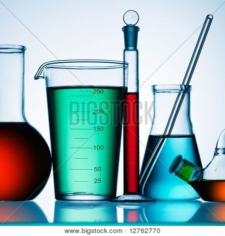 Assorted laboratory glassware equipment ready for an experiment in a science research lab