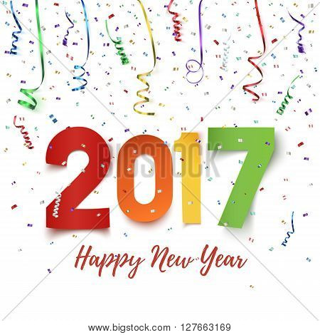 Happy New Year 2017 celebration background. Happy New Year 2017 colorful paper typeface on background with ribbons and confetti on white. Happy New Year greeting card template. Vector illustration.