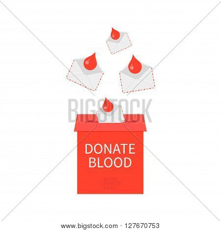 World Blood Donor Day poster with a donate blood postbox and blood drops in envelopes. Blood connects us all quote. Blood donation medical label. Blood donor icon. Donate blood save life concept. Vector illustration.