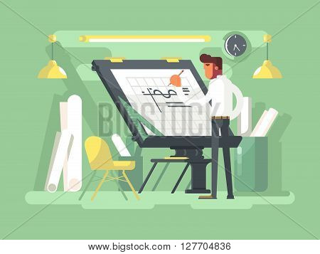 Engineer project draws. Plan drawing architect, sketch architecture design. Vector illustration