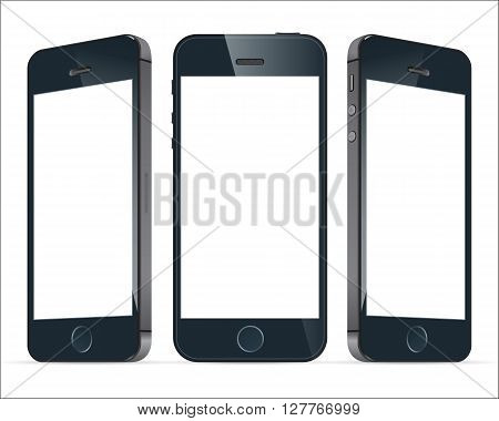 Realistic three black mobile phone with blank screen isolated. Modern concept smartphone devices with digital display. Vector illustration