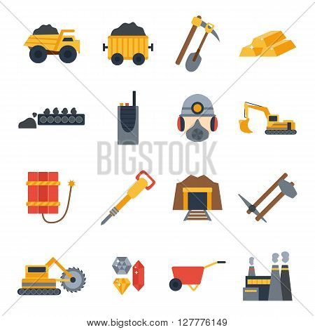 Vector illustration with mining icons. Cute cartoon mining objects. Industrial mining equipment metallurgy factory. Coal mining icons. Mineral diamond gold factory. Mining tools and machinery