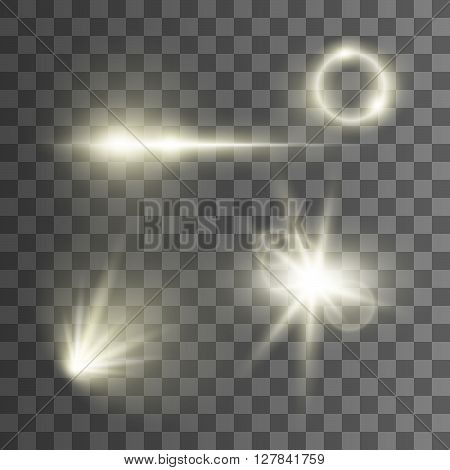 Vector light effects on transparent background. Glowing lights. Rays of light. Vector effects for design. Bright light. Lens.