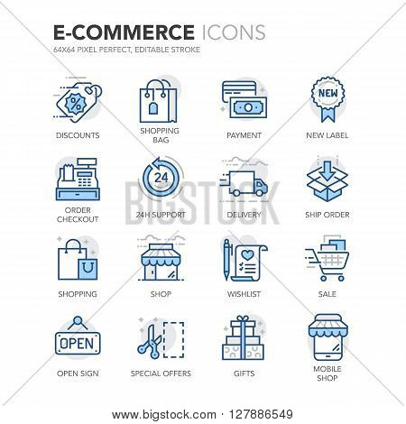 Simple Set of E-Commerce Related Color Vector Line Icons. Contains such Icons as Discounts, Shop, Mobile Shop, Special Offer, Sale, Shopping and more. Editable Stroke. 64x64 Pixel Perfect.