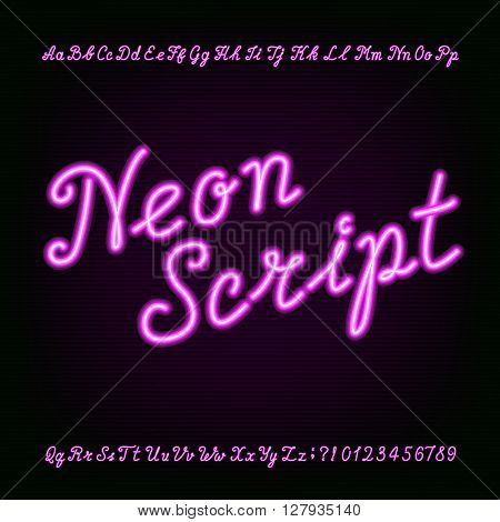 Neon script hand drawn alphabet font. Purple neon type letters and numbers on a dark background. Vector typeface for labels, titles, posters etc.