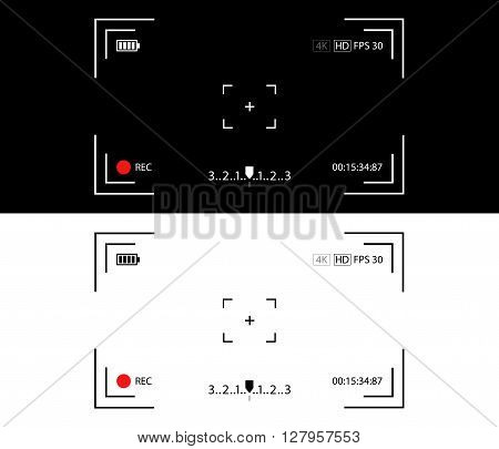 Camera view vector illustration. Camera viewfinder concept. Video camera focusing screen. Recording view screen. Camera display on black and white background.