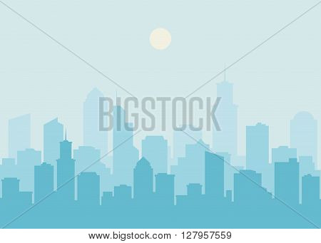 City skyline vector illustration. Urban landscape. Blue city silhouette. Cityscape in flat style. Modern city landscape. Cityscape backgrounds. Daytime city skyline.