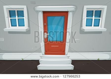 Illustration of a cartoon house front door inside house building with blue windows