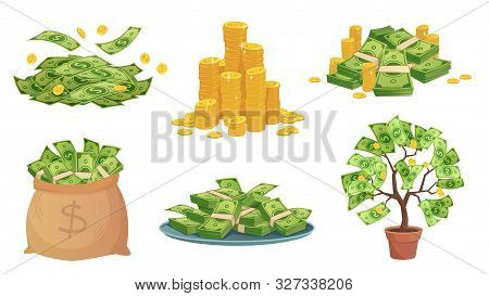 Cartoon Cash. Green Dollar Banknotes Pile, Rich Gold Coins And Pay. Cash Bag, Tray With Stacks Of Bi