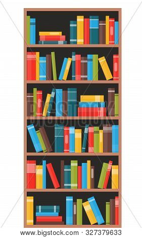 Bookcase With Books. Book Shelves With Multicolored Book Spines. Vector Illustration In Flat Style