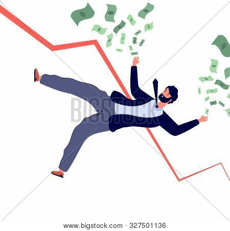 Financial Crisis Concept. Businessman Falling Down With Financial Chart And Losing Money. Bankruptcy