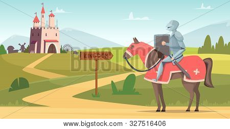 Medieval Knight Background. Historical Armored Characters Outdoor Castle Vector Cartoon Scene. Castl