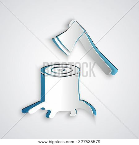 Paper Cut Wooden Axe In Stump Icon Isolated On Grey Background. Lumberjack Axe. Axe Stuck In Wood. P