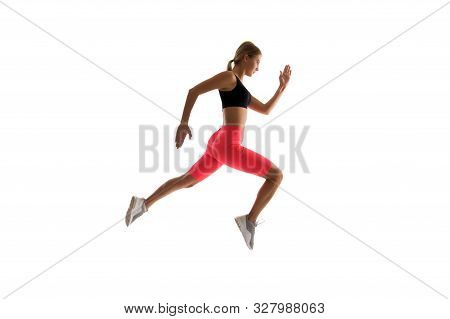 Dynamic Movement. Woman Runner Isolated On White. Jogger Running. Sporty Runner In Fashionable Sport