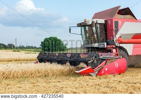 Wheat Harvesting On Field In Summer Season. Combine Harvester Harvests Ripe Wheat. Agriculture. Proc