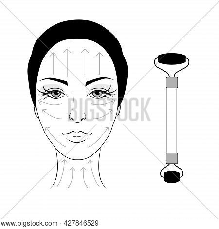 Jade Facial Massage. Woman Face With Massage Lines. Beautiful Woman With Jade Massage Roller. Chines