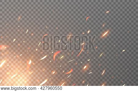 Fire Sparks. Flying Particles On Transparent Backdrop. Realistic Flame Elements. Burning Orange Fire