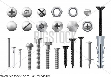 Metal Bolts, Screws, Nuts And Nails. Realistic Vector Metal Fasteners And Rivets, Woodwork And Metal