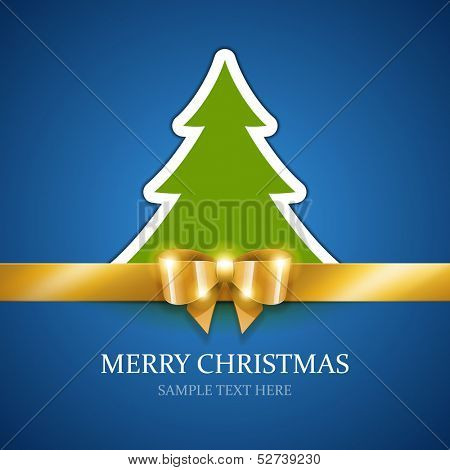 Christmas tree applique and gold bow vector background. Christmas card or invitation. 