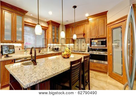 Luxury Kitchen Room With Marble Counter Island