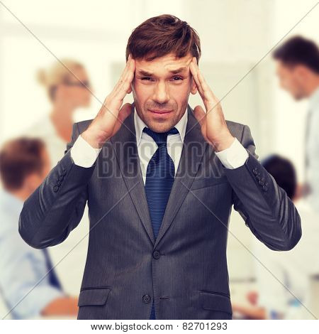 business and office, stress, problem, crisis concept - stressed buisnessman or teacher having headache