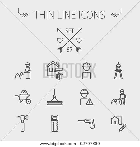 Construction thin line icon set for web and mobile. Set includes- compass, house sketch, man with hard hat, hammer drill, house paint, crane, hacksaw, hammer. Modern minimalistic flat design. Vector