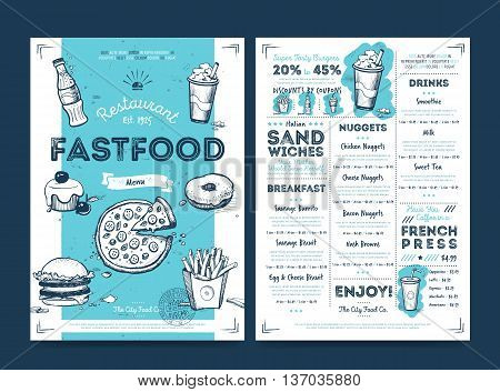 Restaurant menu design. Fast food cafe menu. Food menu template. Fast food restaurant flyer vintage design vector illustration. Gourmet menu board. Fast food cafe flyer. Hand drawings fast food elements. Vintage menu. Menu card.