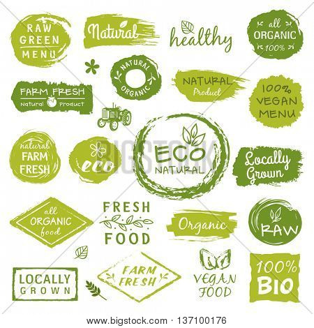 Collection of healthy organic food labels, logos for restaurants, vegan cafe, farm market and organic products packaging