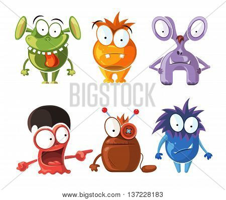 Cartoon cute character monsters vector set. Crazy monsters with funny grimace, bizarre monster illustration