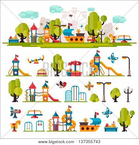 Children playground. Swings sandpit sandbox bench tree children tower children house children slide. Kids playground flat stock illustration with isolated elements on white background.