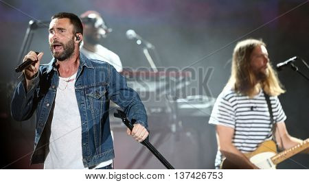 HOLLYWOOD, CA-OCT 24: Adam Levine (L) & James Valentine of Maroon 5 perform during CBS RADIOs 3rd annual We Can Survive at the Hollywood Bowl on October 24, 2015 in Hollywood, California.