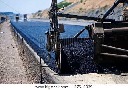 Industrial Pavement Truck Laying Fresh Asphalt On Construction S