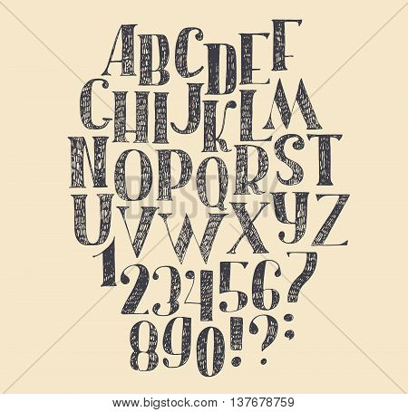 Vector hand drawn font based on english hand drawn abc from a to z and numbers from 0 to 9. Capital font made with nib and serif decorated hatch freehand alphabet . Isolated vector illustration