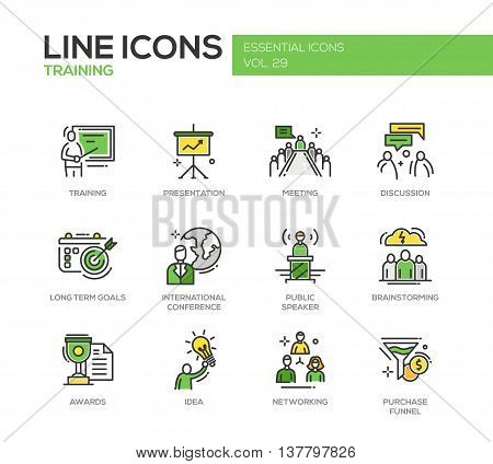 Business training - modern vector line design icons and pictograms set. Presentation, meeting, discussion, goals, conference, speaker, brainstorming, awards, idea networking purchase funnel