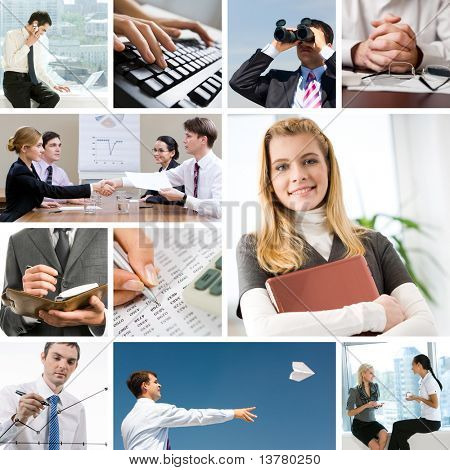 Collage with businesspeople and objects in different situations