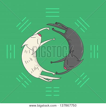 Two sleeping cats. Symbolic image of the mystical sign of yin yang on the background of trigrams. Vector