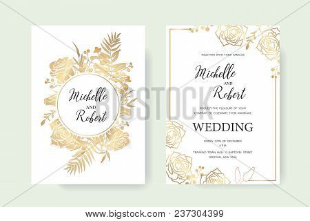 Wedding Invitation, Floral Invite Thank You. Label Card Vector Floral Design. Golden Foil Print Patt