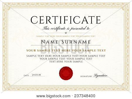 Certificate, Diploma Of Completion (design Template, White Background) With Frame, Border, Light Gui