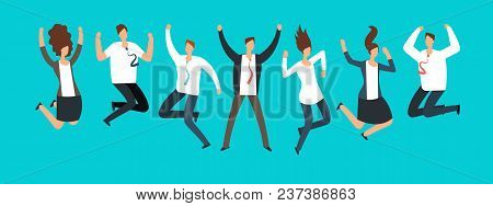 Happy Excited Business People, Employees Jumping Together. Successful Team Work And Leadership Vecto