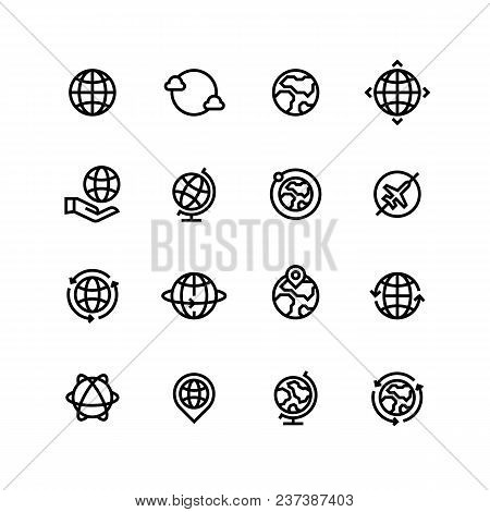 Global World, Globe Outline Icons. Earth, Map And Travel Simple Line Vector Symbols. Illustration Of