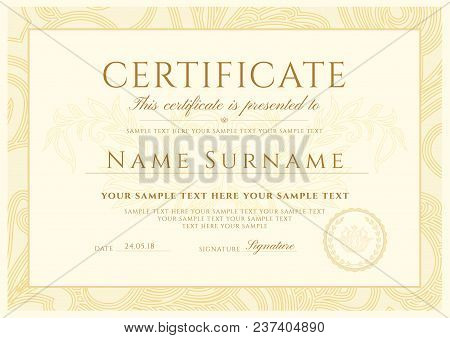 Certificate, Diploma Of Completion (design Template, White Background) With Frame, Gold Border, Ligh