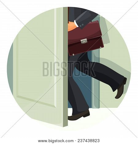 Businessman With Leather Briefcase Exits Fast Through Door. Male Character In Suit Leaves Room. Huma