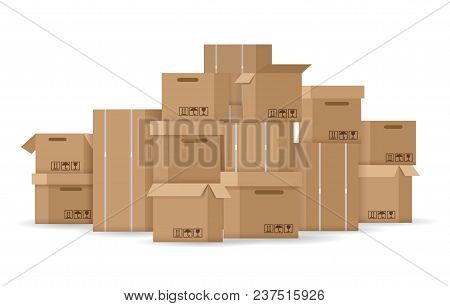 Boxes Stack. Brown Stacked Cardboard Boxes Vector Illustration, Carton Box Pile Isolated On White Ba