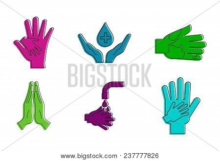 Hand Protect Icon Set. Color Outline Set Of Hand Protect Vector Icons For Web Design Isolated On Whi