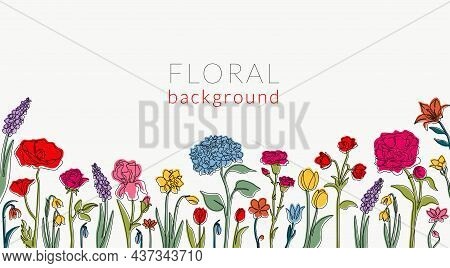 Line Flower Background. Abstract Continuous Line Invitation Frame With Minimalistic Botanical Graphi