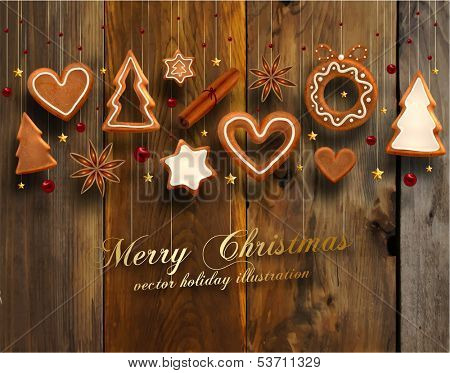 Hanging Gingerbread Christmas Cookies for Xmas Decoration. Wood Texture Background. Vector.